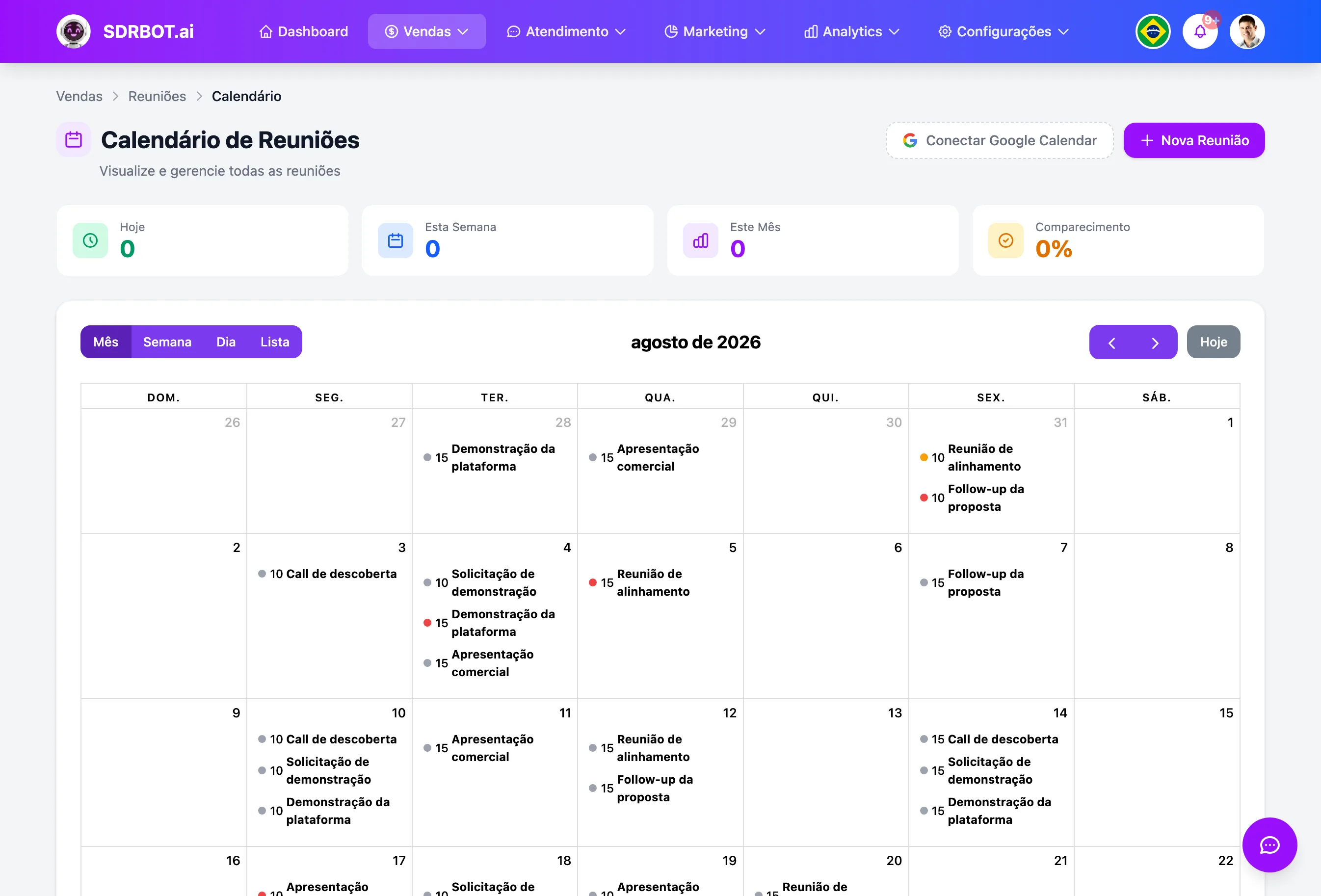 Agendamento automático de reuniões no painel do SDRBOT.ai