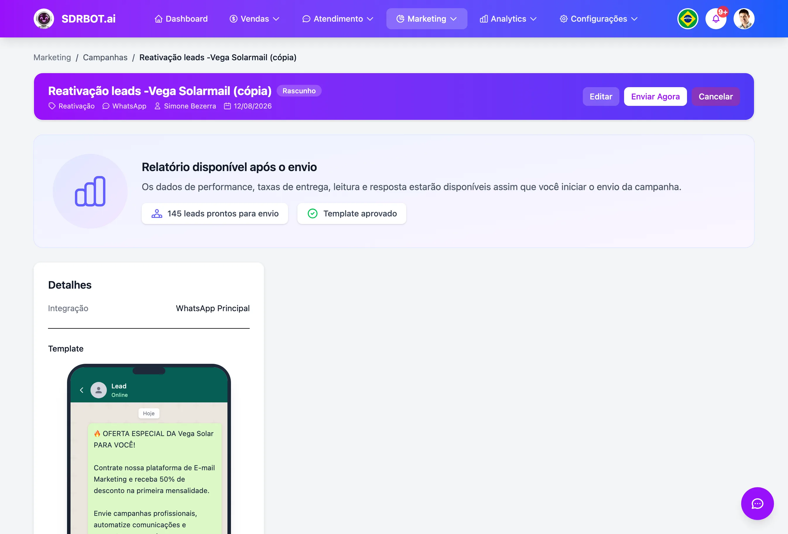 Insights de campanhas com IA no painel do SDRBOT.ai