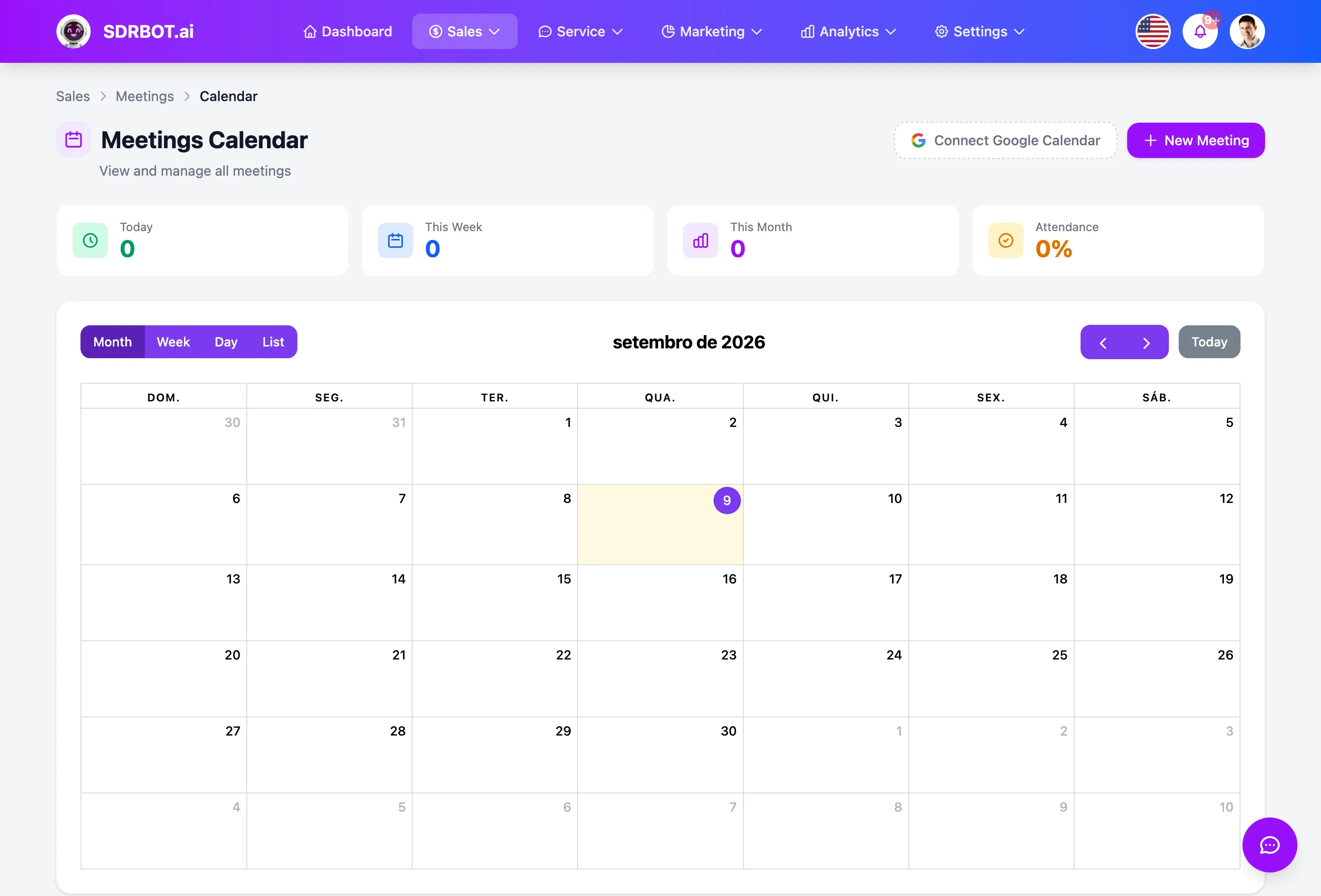 Automatic meeting scheduling no painel do SDRBOT.ai