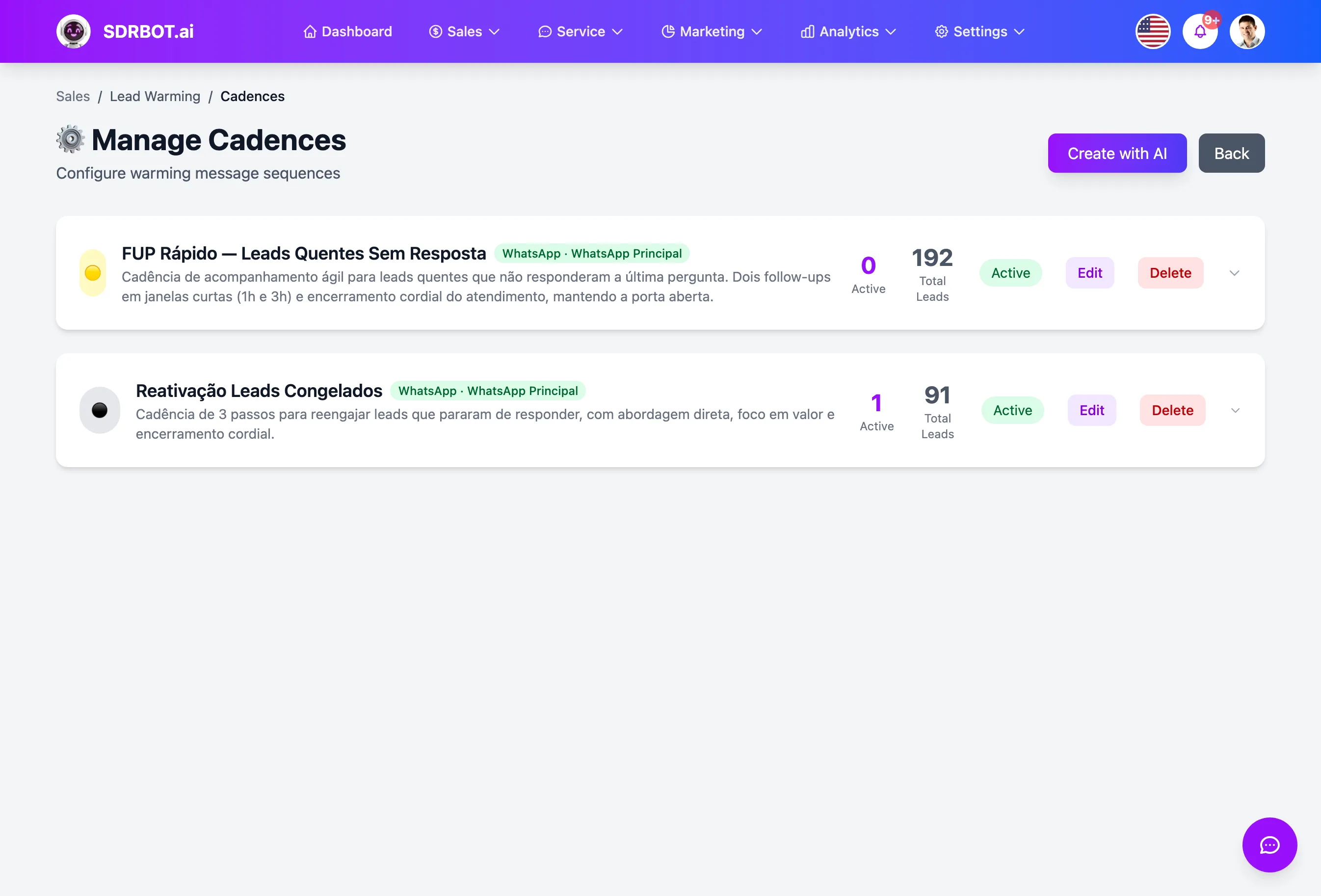 Automatic follow-up no painel do SDRBOT.ai