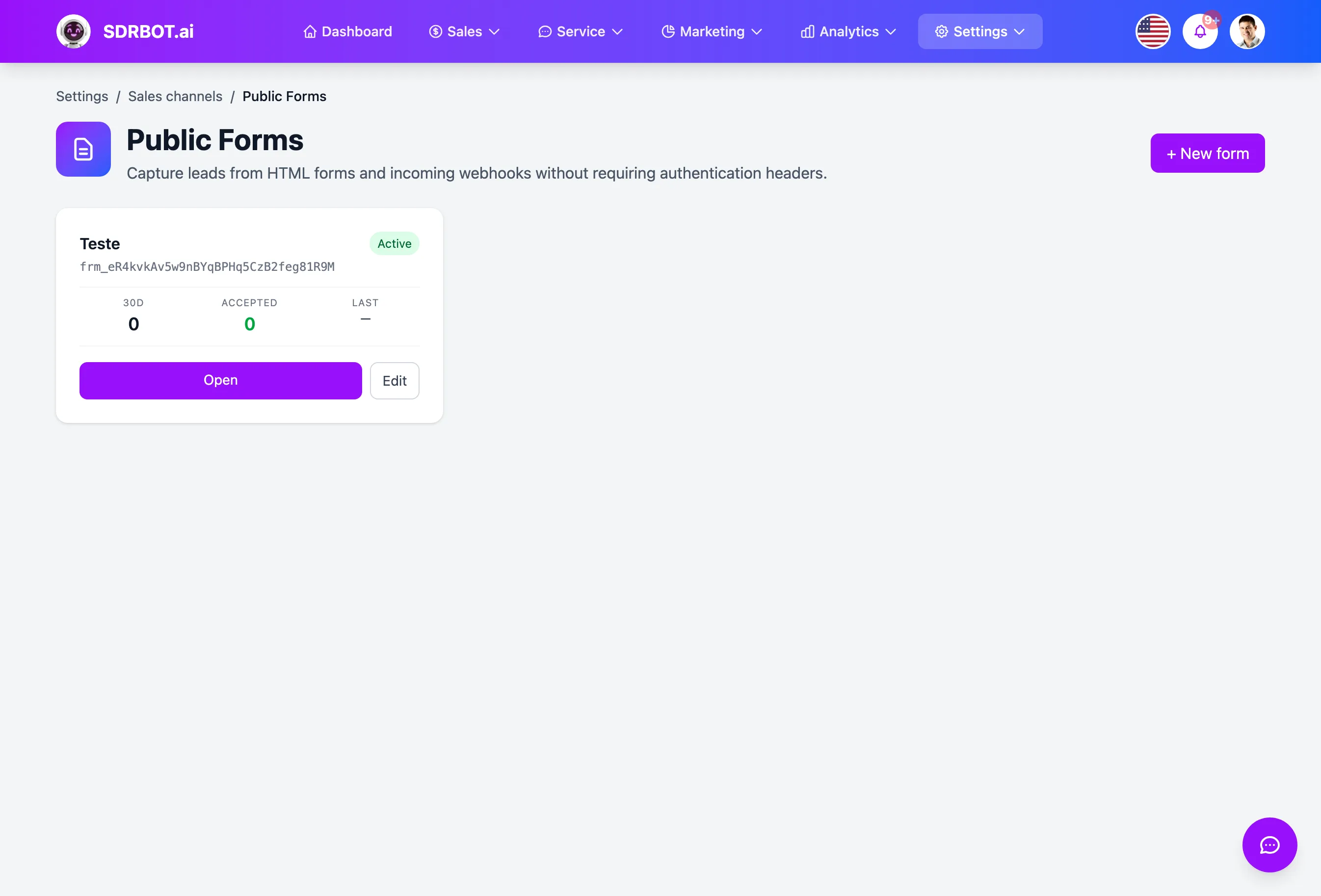 Lead capture form no painel do SDRBOT.ai