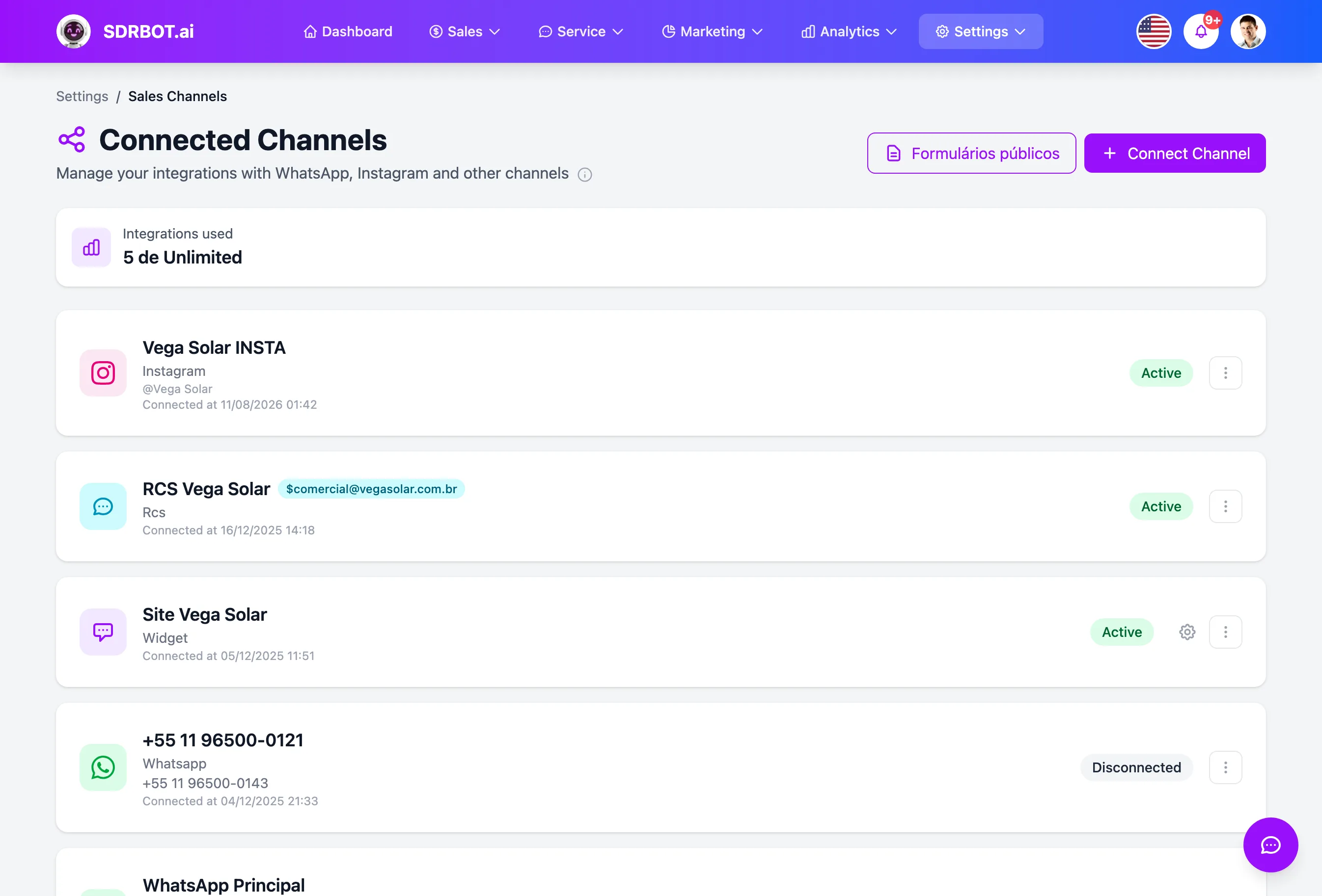 Omnichannel support no painel do SDRBOT.ai