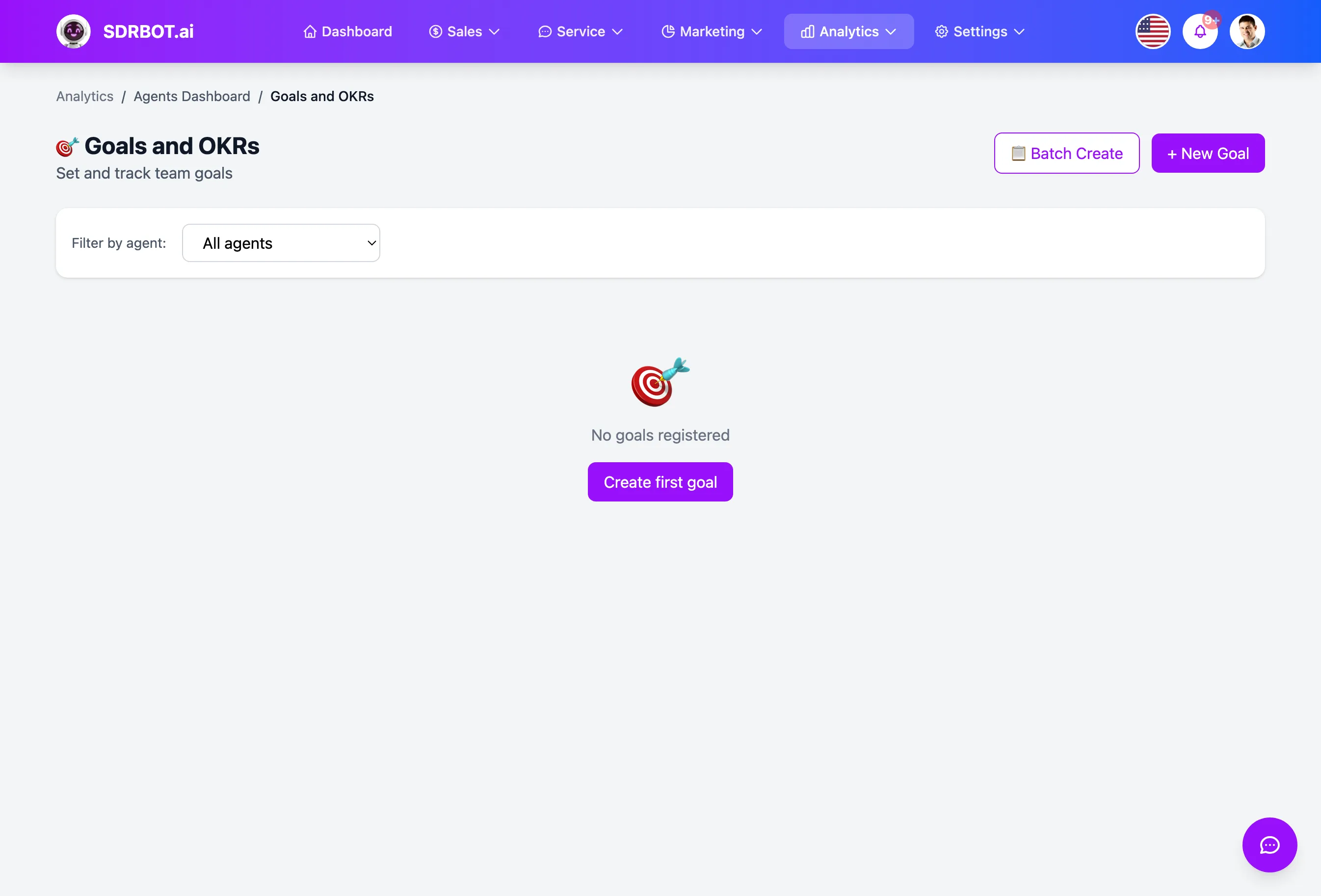 Sales targets and leaderboard no painel do SDRBOT.ai