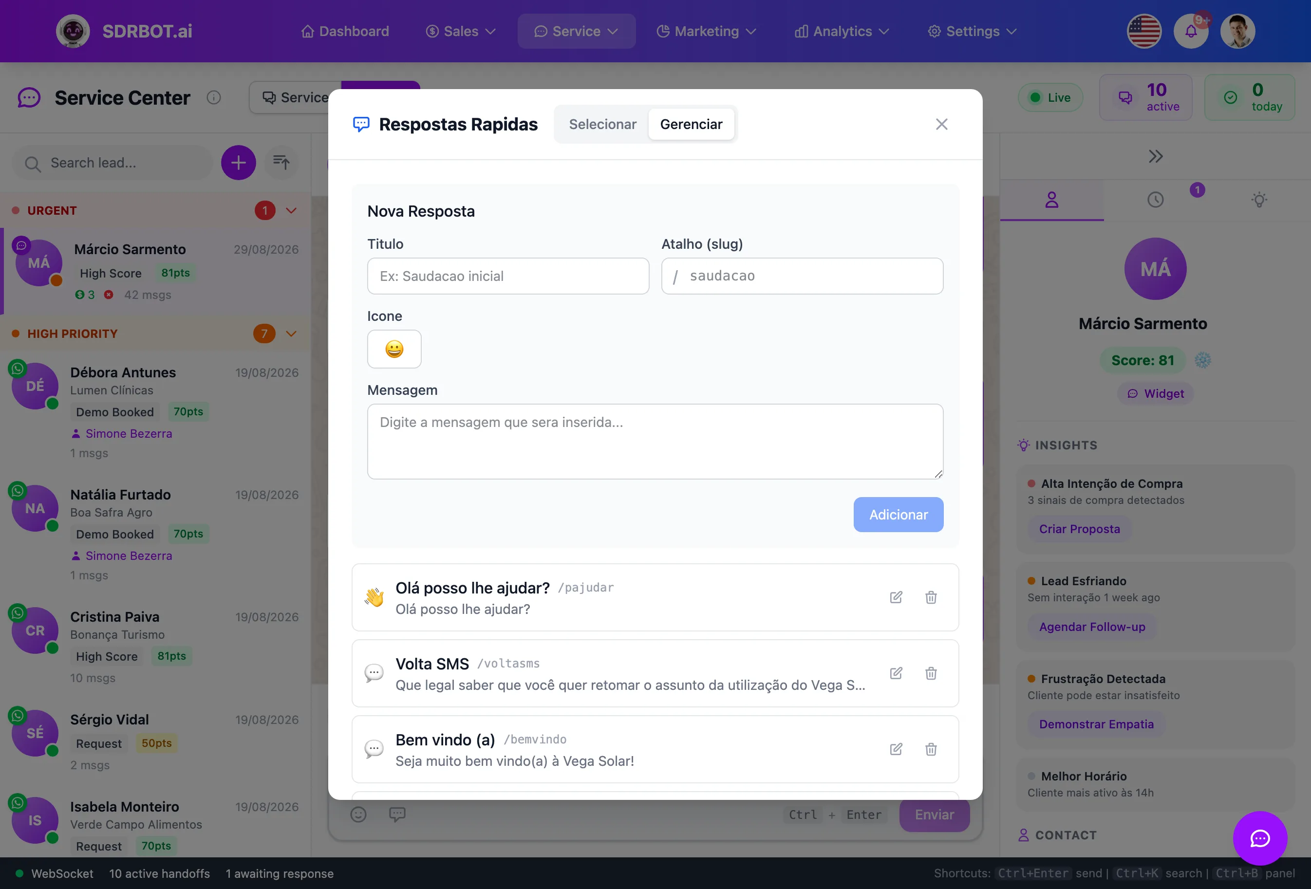 Quick replies no painel do SDRBOT.ai