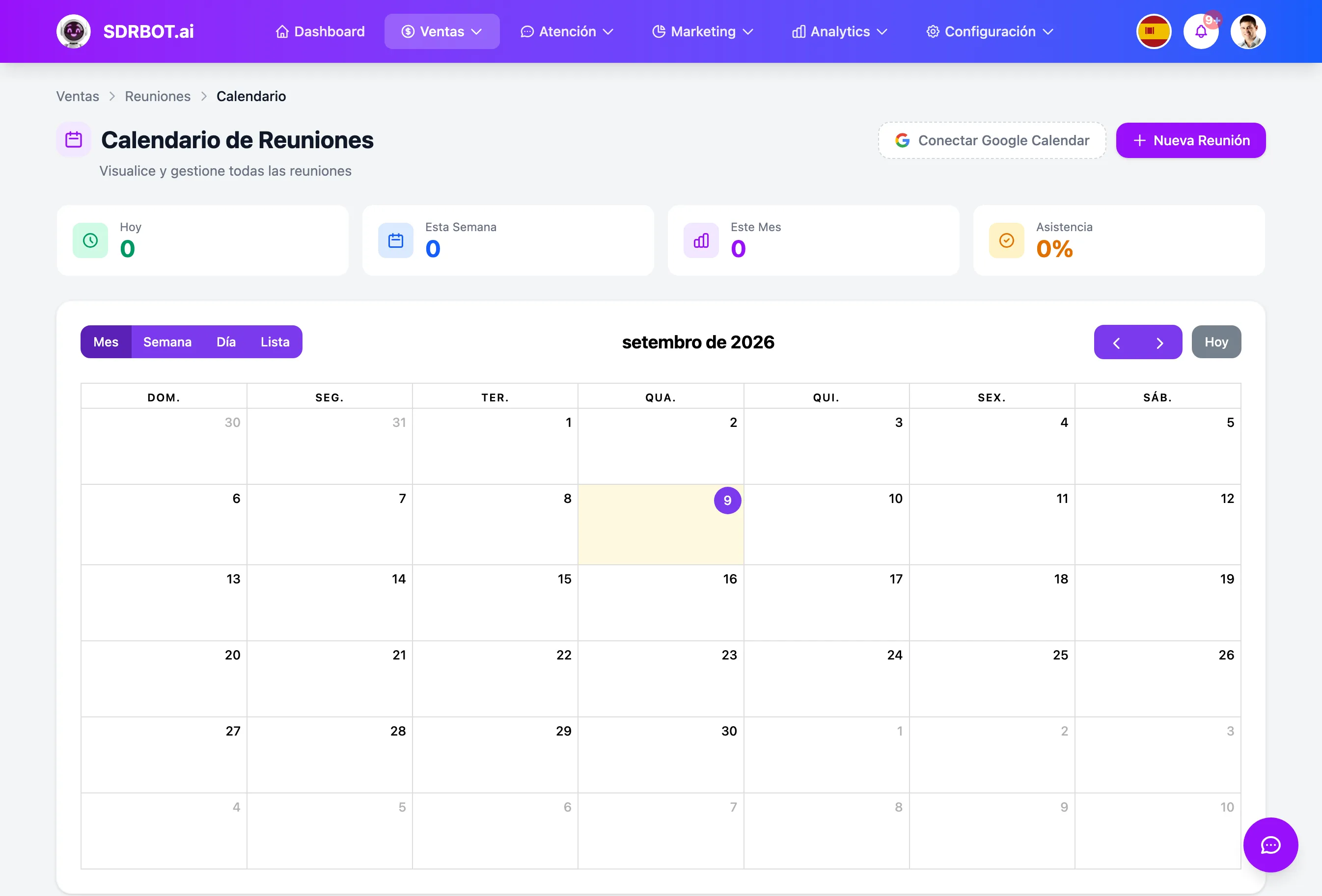 Agendamiento de reuniones no painel do SDRBOT.ai