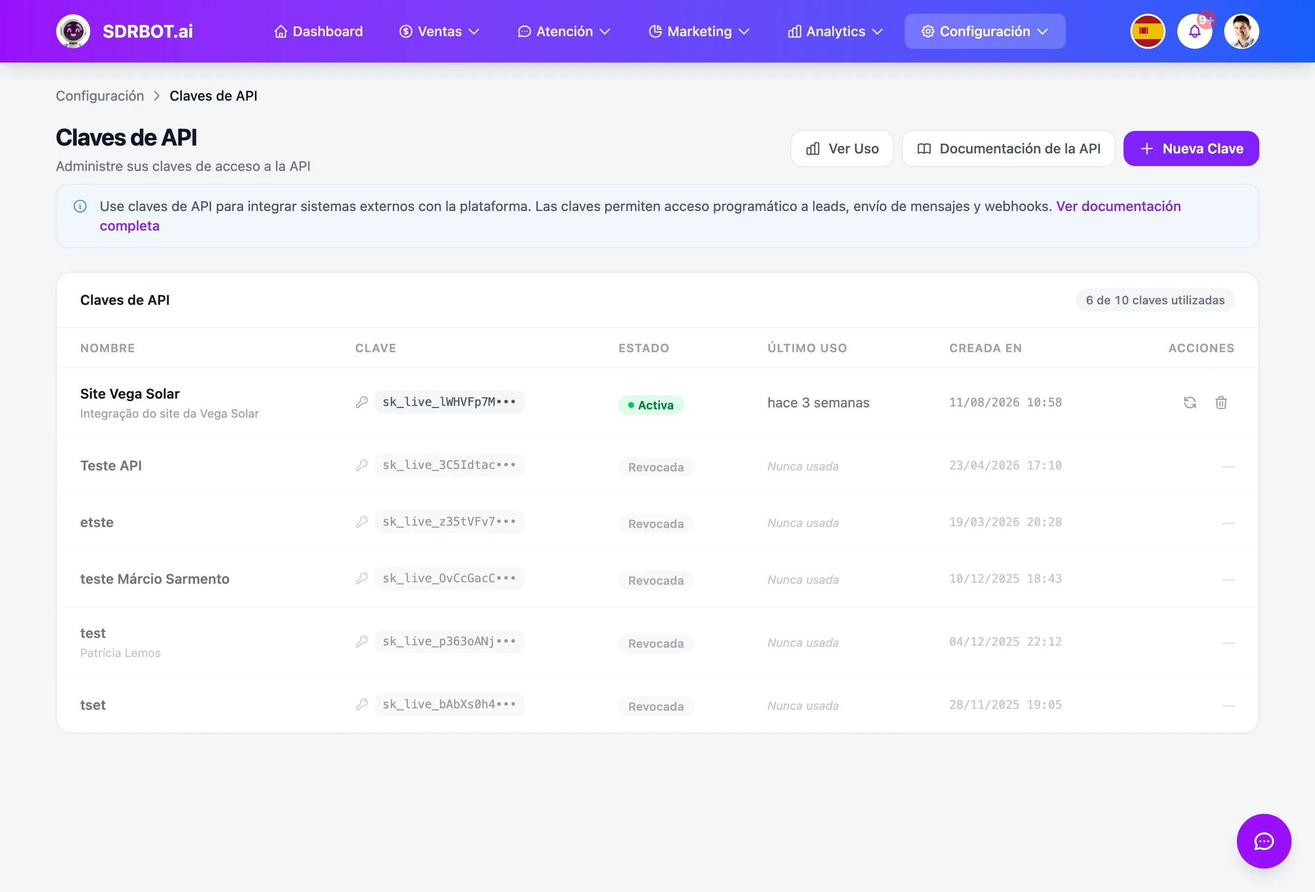 API de WhatsApp no painel do SDRBOT.ai