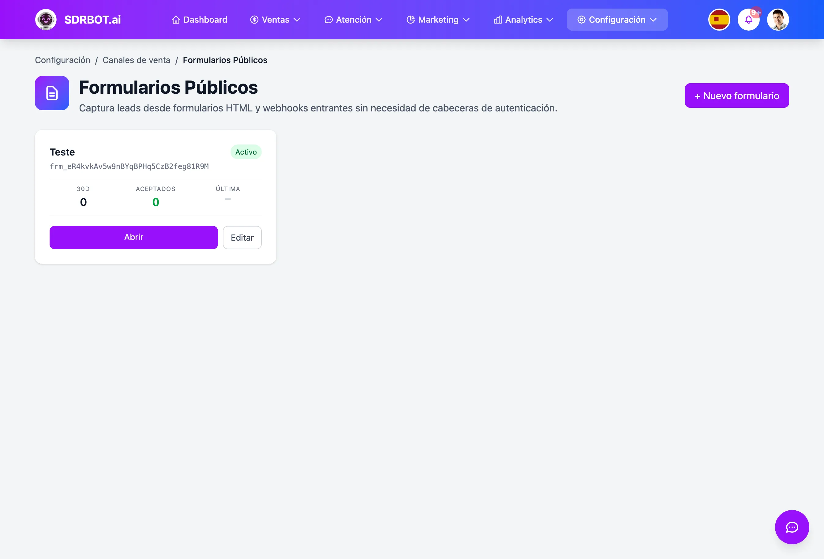 Formulario de captura de leads no painel do SDRBOT.ai