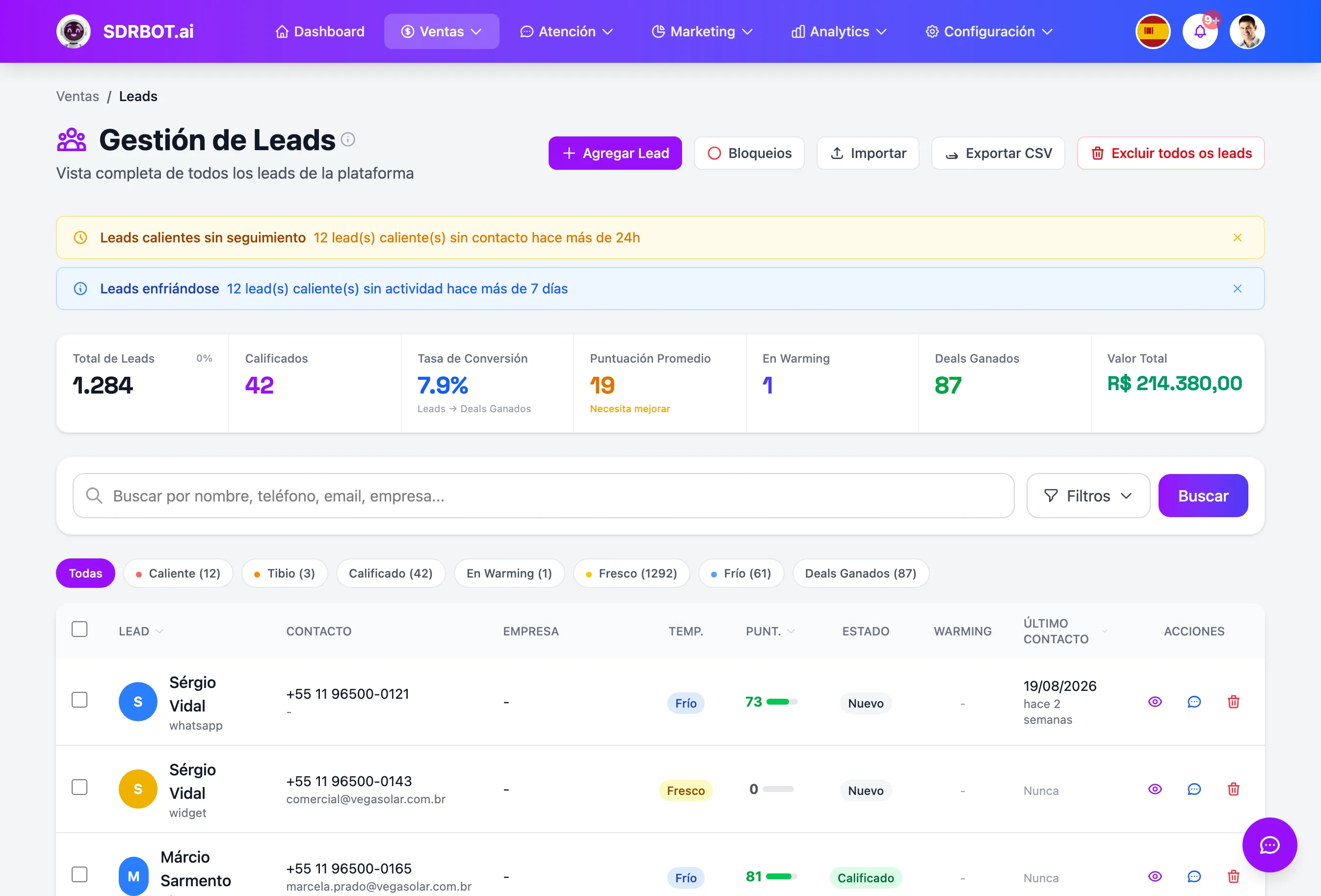 Calificación automática de leads no painel do SDRBOT.ai