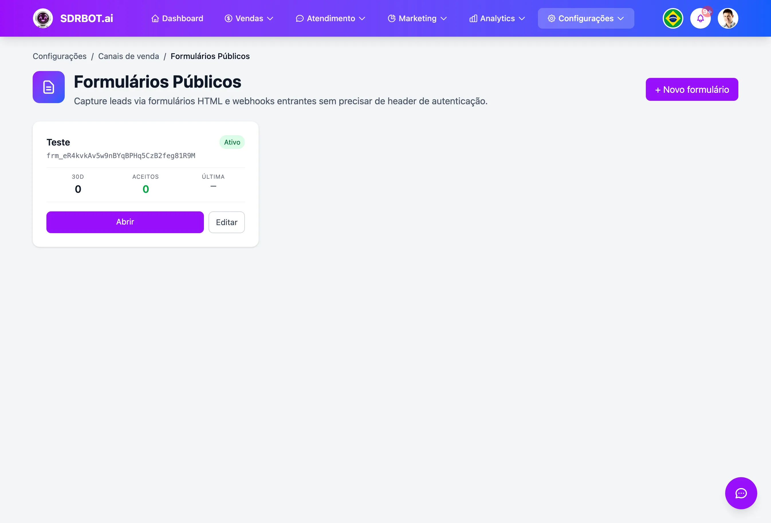 Formulário de captura de leads no painel do SDRBOT.ai