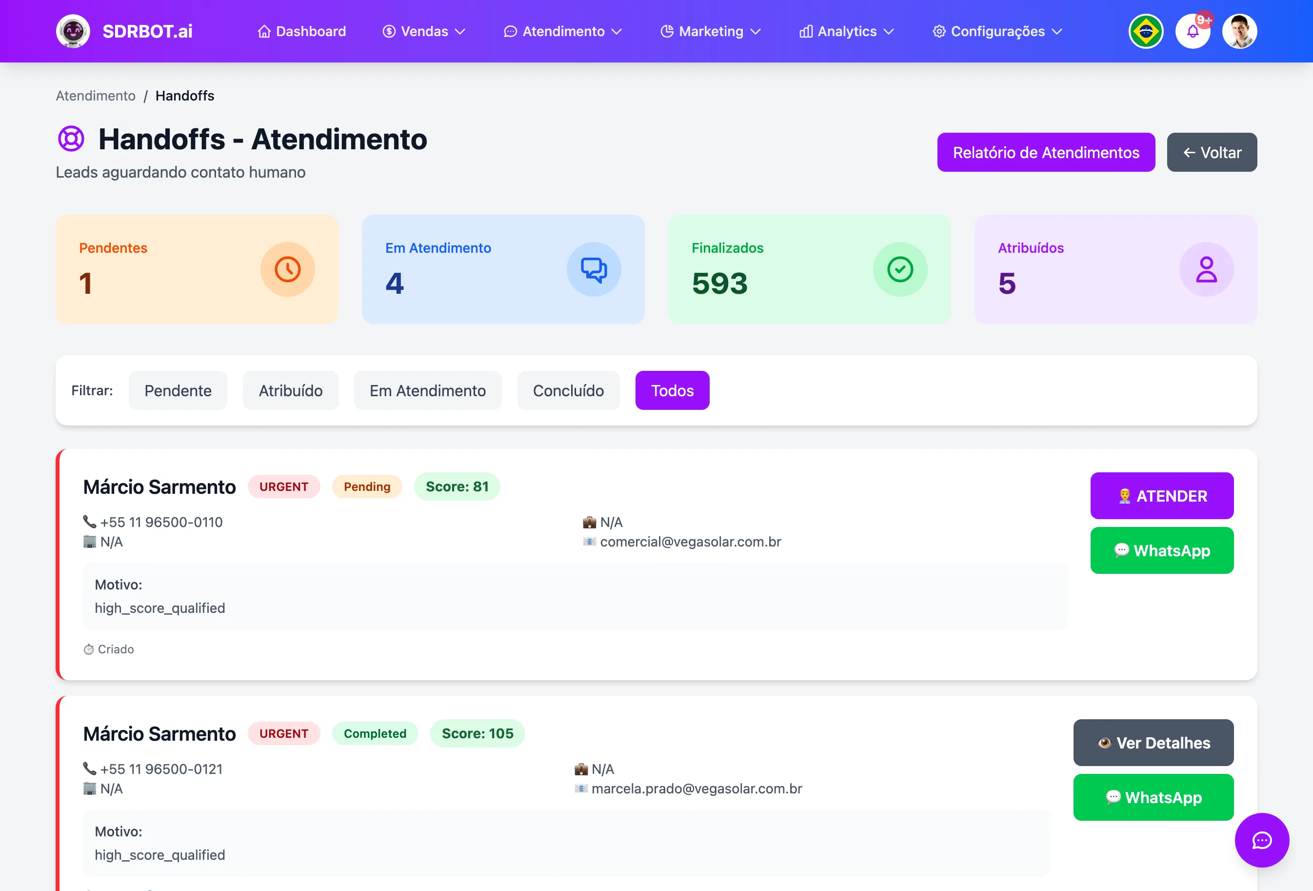 Handoff automático no painel do SDRBOT.ai