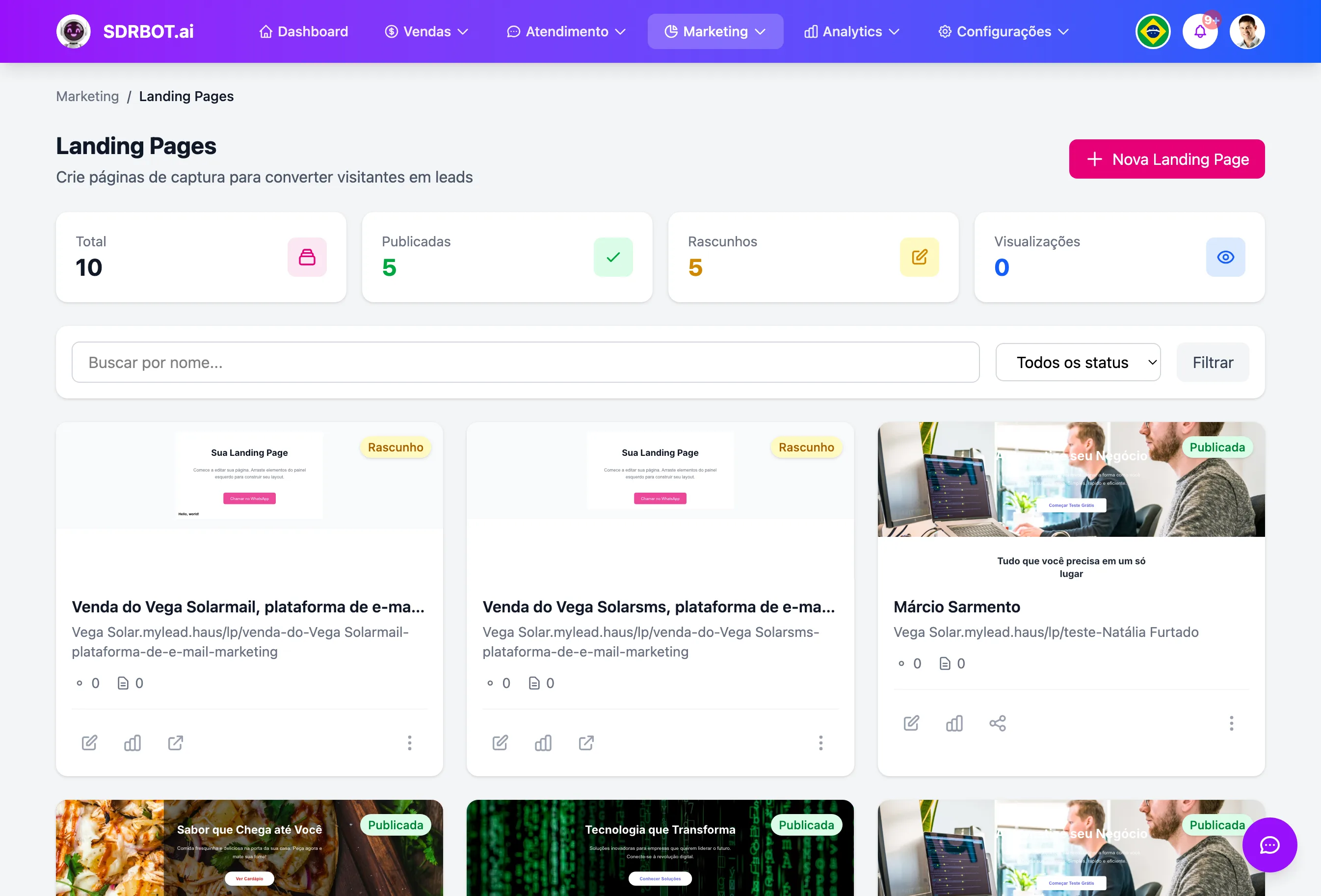 Criador de landing pages no painel do SDRBOT.ai