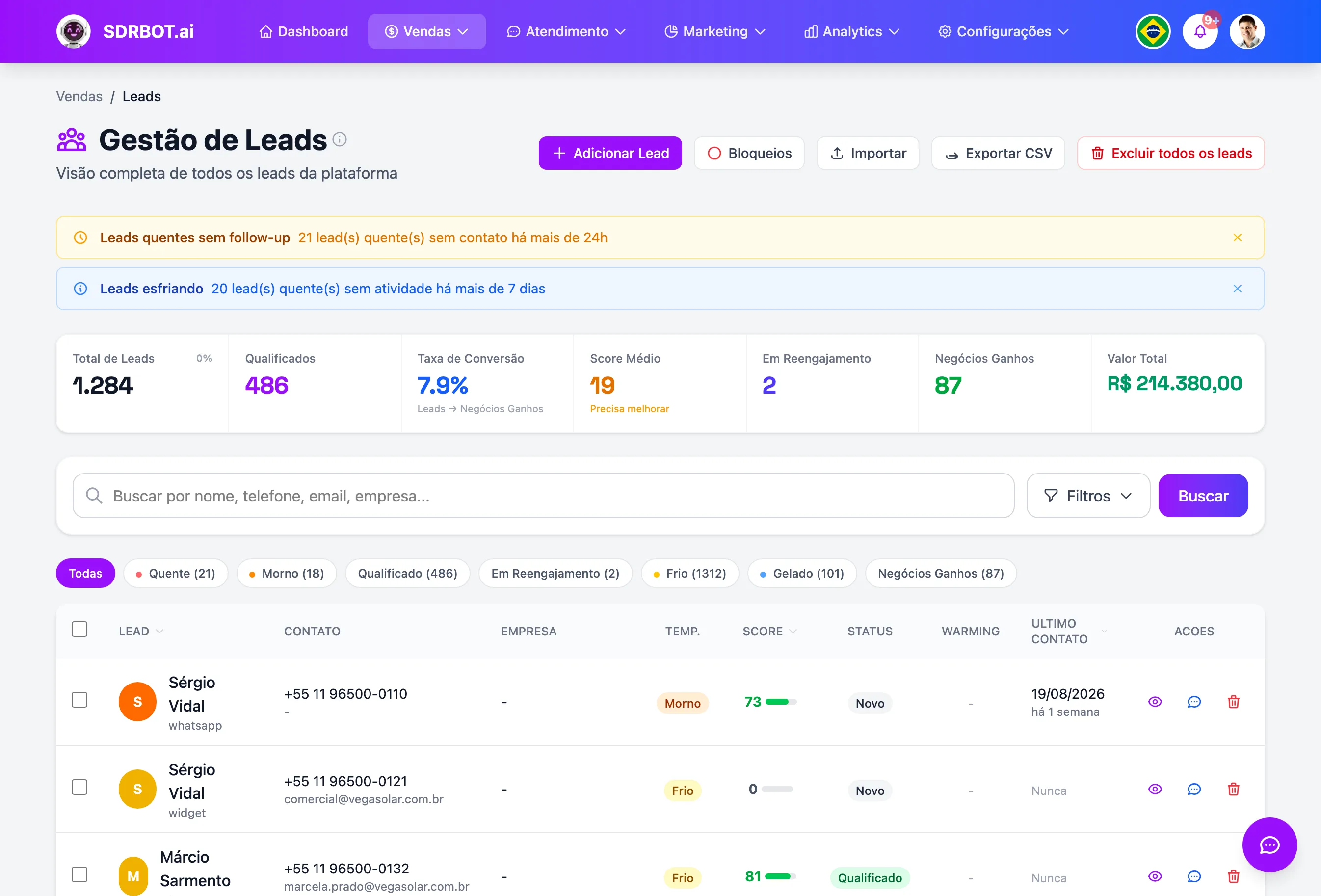 Qualificação automática de leads no painel do SDRBOT.ai
