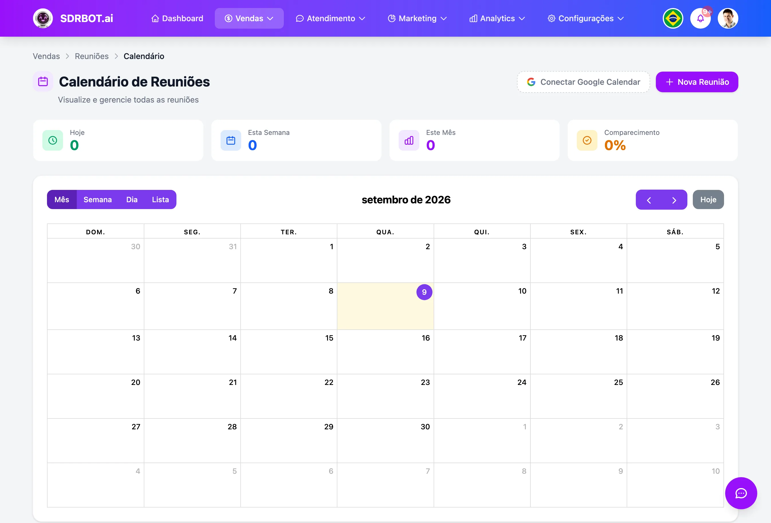 Agendamento automático de reuniões no painel do SDRBOT.ai