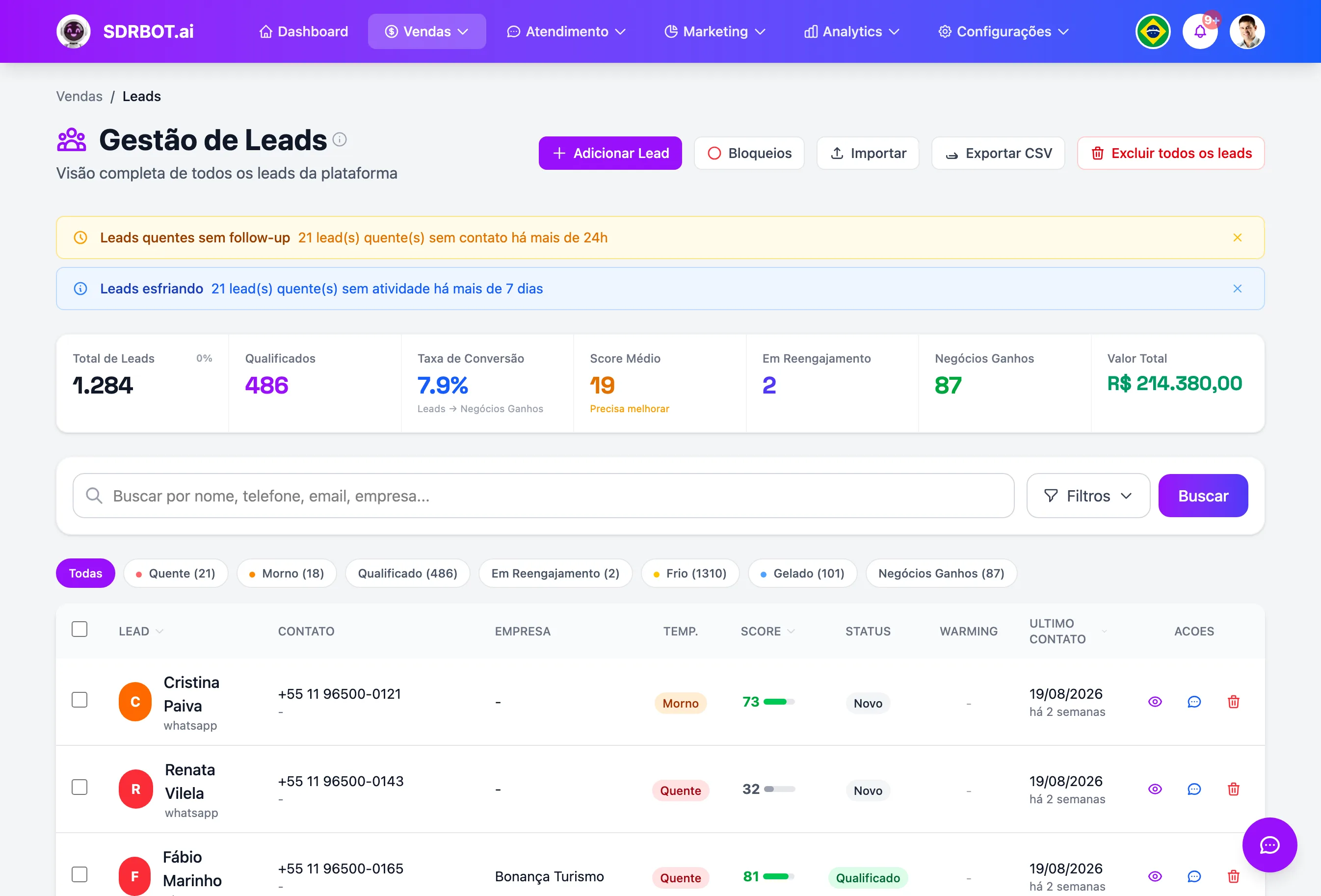 Qualificação automática de leads no painel do SDRBOT.ai