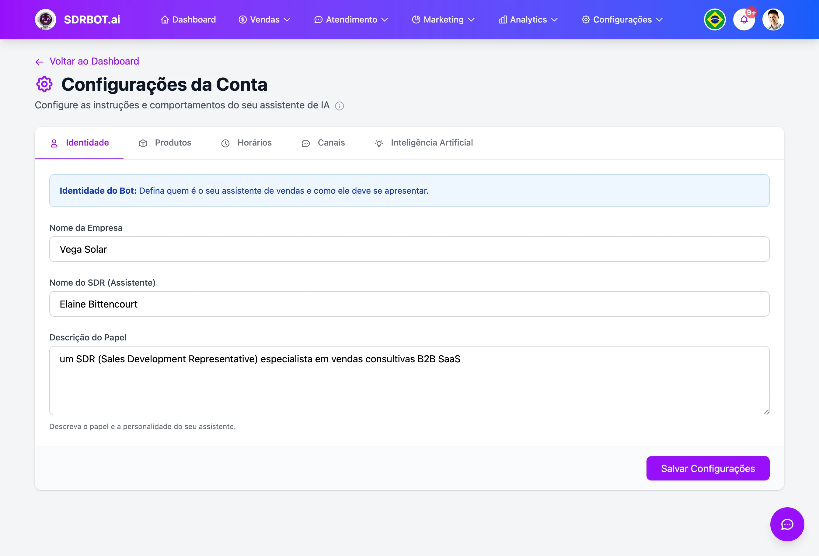 SDR por IA no painel do SDRBOT.ai